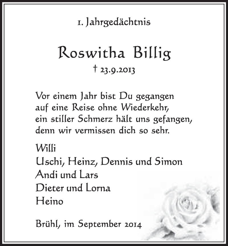  Traueranzeige für Roswitha Billig vom 24.09.2014 aus  Schlossbote/Werbekurier 