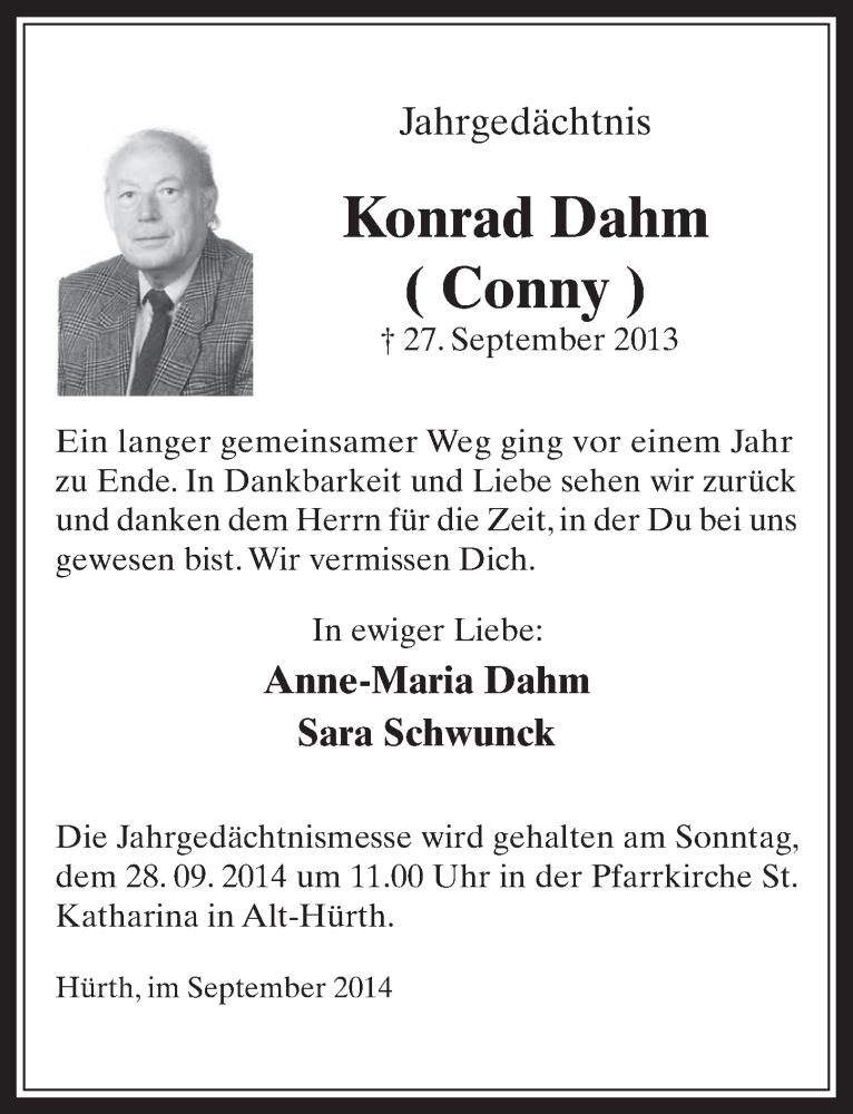  Traueranzeige für Konrad Dahm vom 24.09.2014 aus  Wochenende 