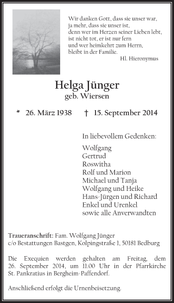 Anzeige von Helga Jünger von  Werbepost 