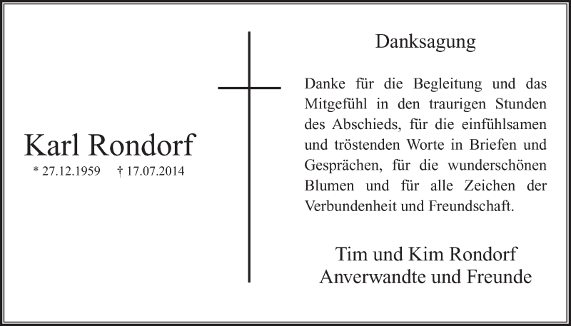  Traueranzeige für Karl Rondorf vom 24.09.2014 aus  Extra Blatt 