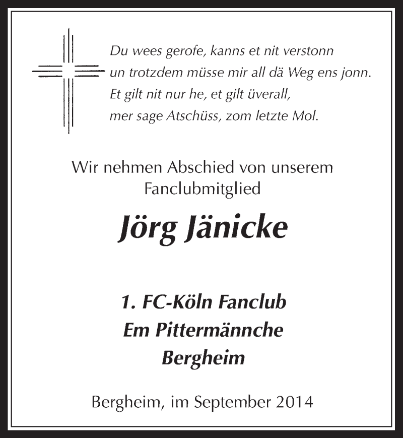  Traueranzeige für Jörg Jänicke vom 24.09.2014 aus  Werbepost 