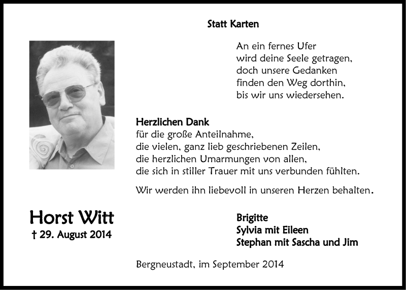  Traueranzeige für Horst Witt vom 24.09.2014 aus  Anzeigen Echo 