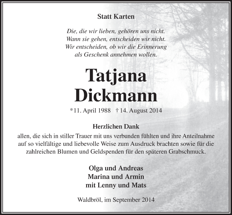  Traueranzeige für Tatjana Dickmann vom 24.09.2014 aus  Lokalanzeiger 