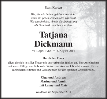 Anzeige von Tatjana Dickmann von  Lokalanzeiger 