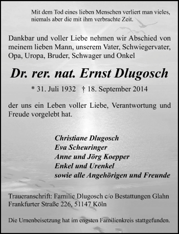 Anzeige von Ernst Dlugosch von  Kölner Wochenspiegel 