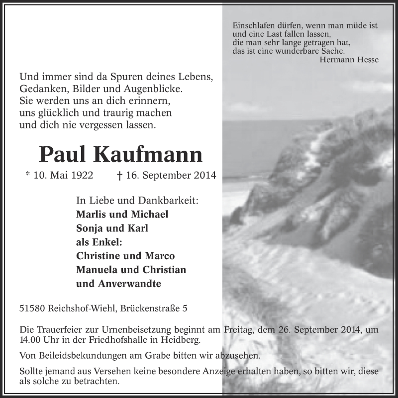  Traueranzeige für Paul Kaufmann vom 24.09.2014 aus  Anzeigen Echo 