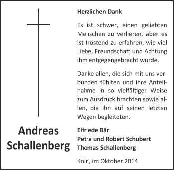 Anzeige von Andreas Schallenberg von  Kölner Wochenspiegel 