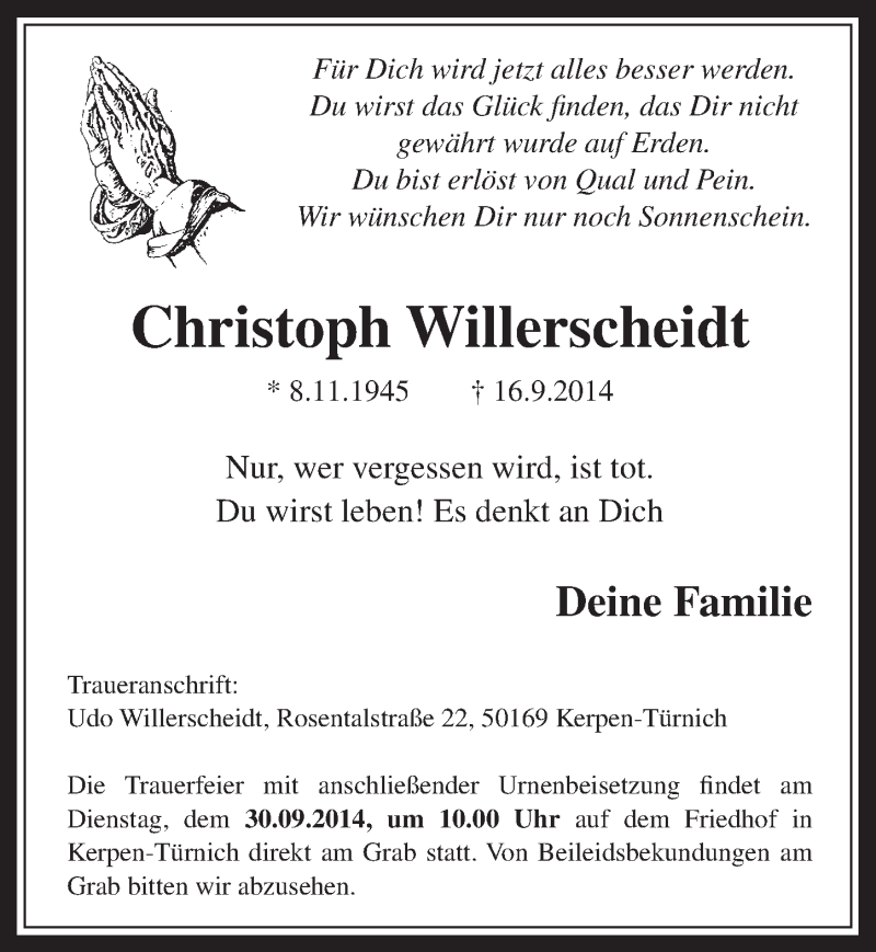  Traueranzeige für Christoph Willerscheidt vom 24.09.2014 aus  Werbepost 