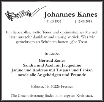 Anzeige von Johannes Kanes von  Wochenende 