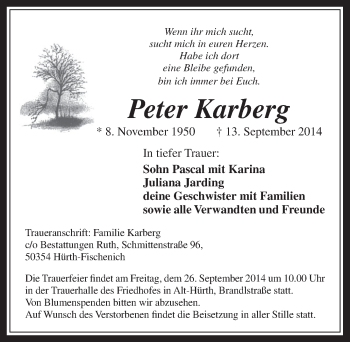 Anzeige von Peter Karberg von  Wochenende 