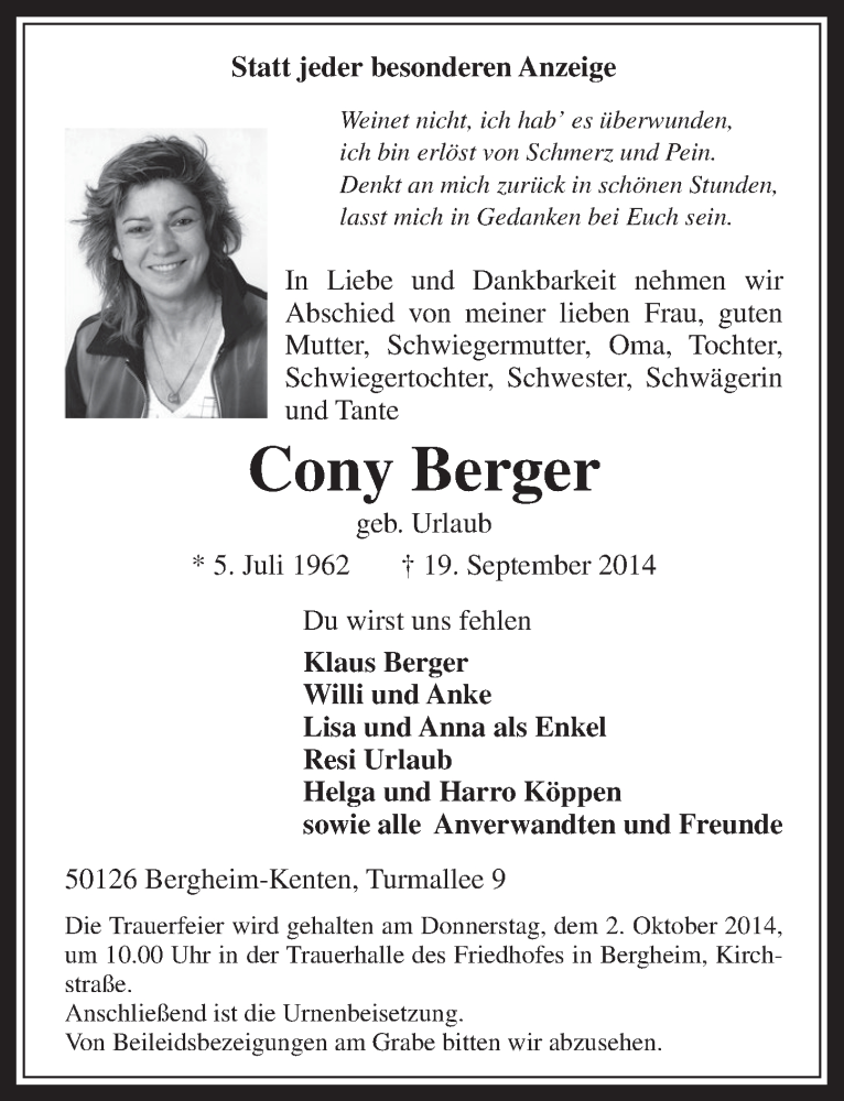  Traueranzeige für Cony Berger vom 24.09.2014 aus  Werbepost 