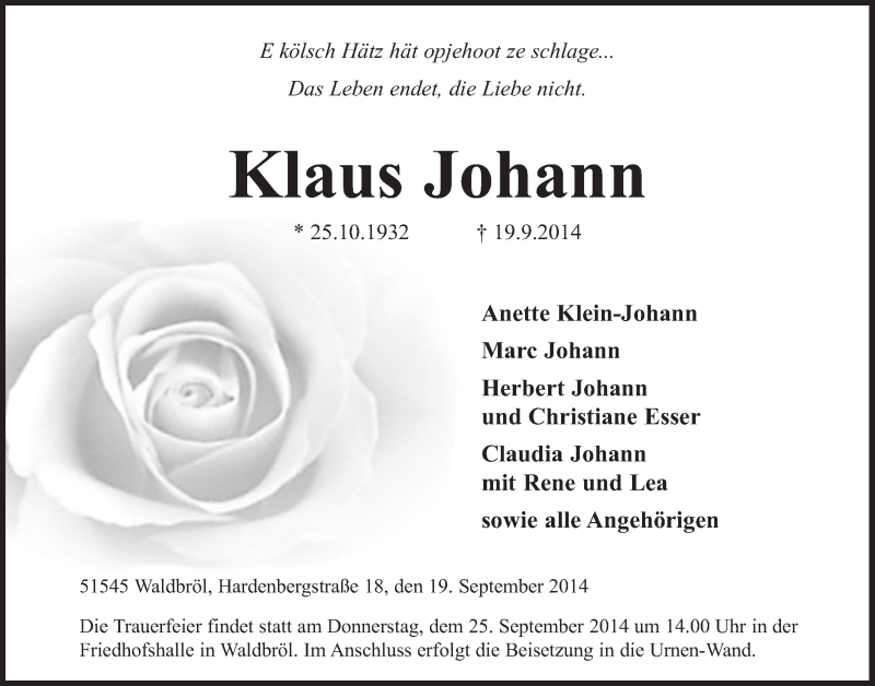  Traueranzeige für Klaus Johann vom 24.09.2014 aus  Lokalanzeiger 