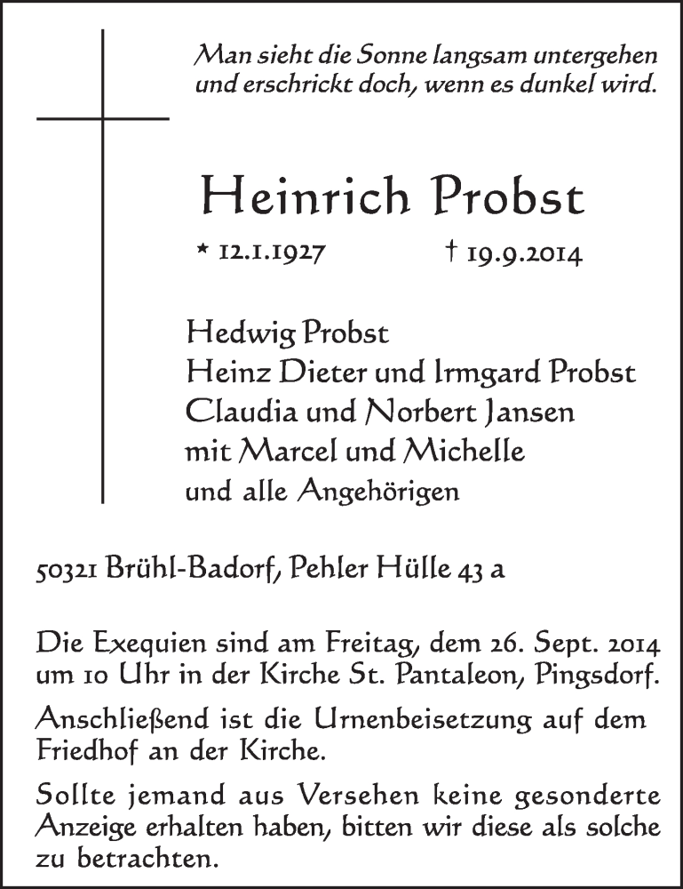  Traueranzeige für Heinrich Probst vom 24.09.2014 aus  Schlossbote/Werbekurier 