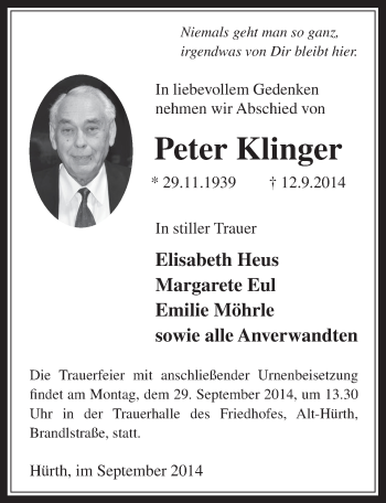 Anzeige von Peter Klinger von  Wochenende 