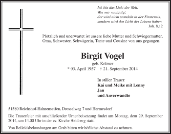 Anzeige von Birgit Vogel von  Lokalanzeiger 