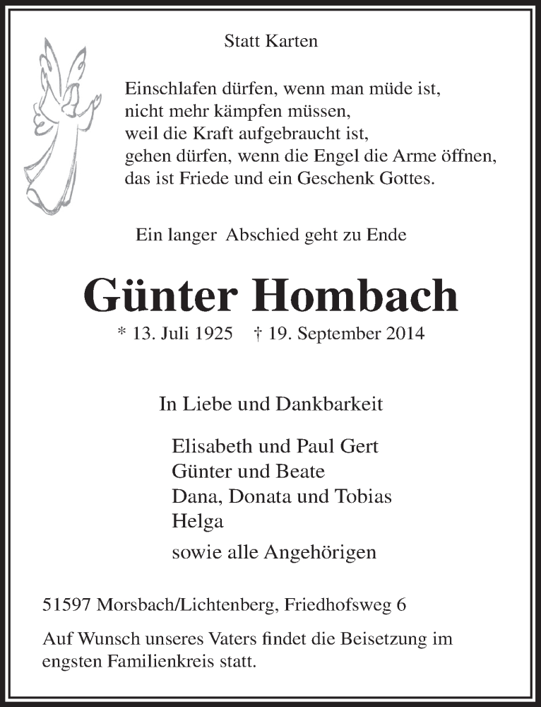  Traueranzeige für Günter Hombach vom 24.09.2014 aus  Lokalanzeiger 