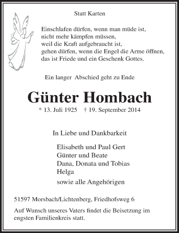Anzeige von Günter Hombach von  Lokalanzeiger 