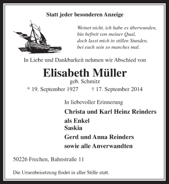 Anzeige von Elisabeth Müller von  Wochenende 