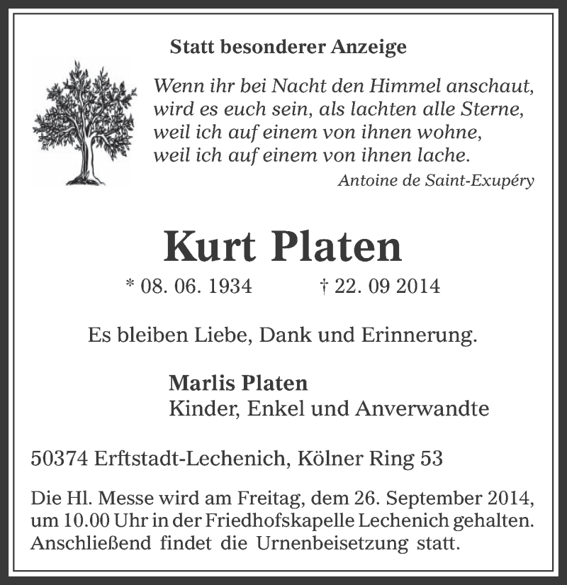  Traueranzeige für Kurt Platen vom 24.09.2014 aus  Werbepost 