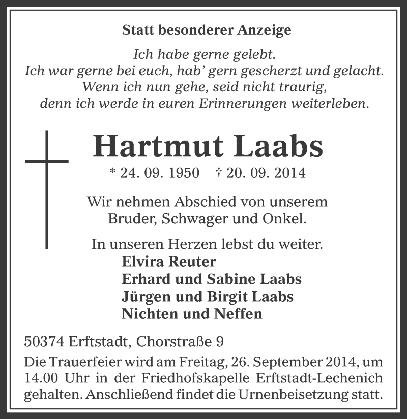  Traueranzeige für Hartmut Laabs vom 24.09.2014 aus  Werbepost 