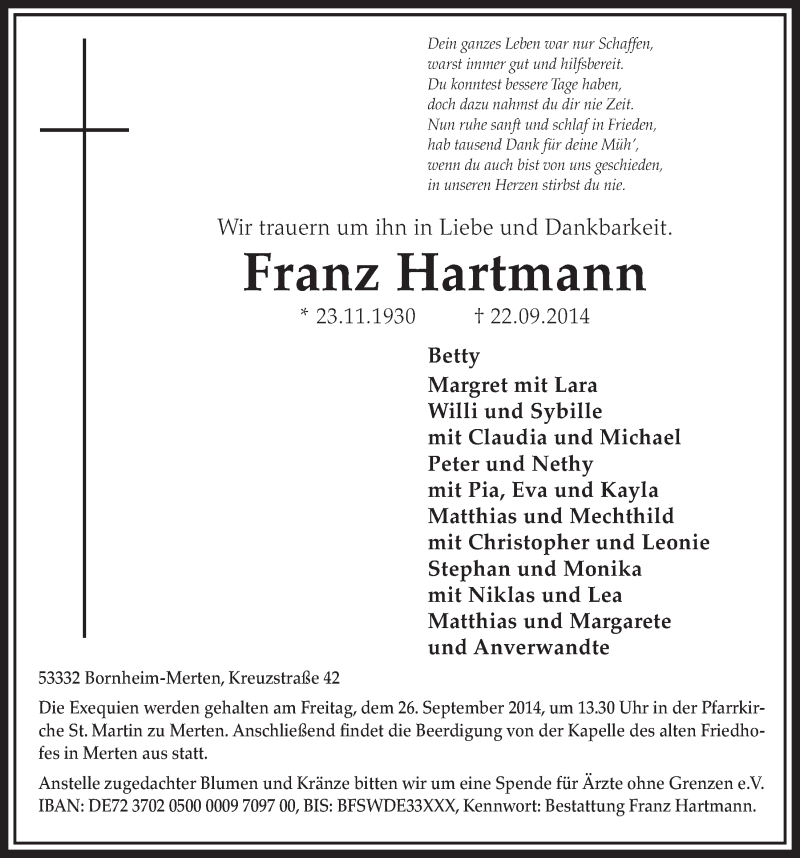  Traueranzeige für Franz Hartmann vom 24.09.2014 aus  Schlossbote/Werbekurier 