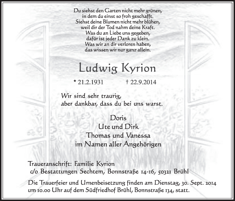  Traueranzeige für Ludwig Kyrion vom 24.09.2014 aus  Schlossbote/Werbekurier 