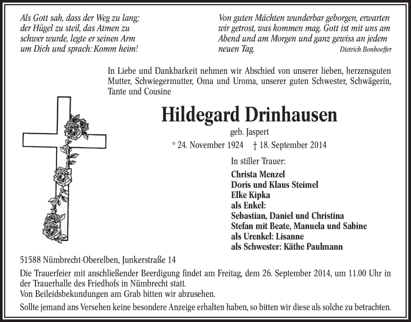  Traueranzeige für Hildegard Drinhausen vom 24.09.2014 aus  Lokalanzeiger 