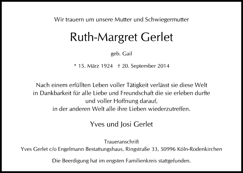  Traueranzeige für Ruth-Margret Gerlet vom 01.10.2014 aus  Kölner Wochenspiegel 