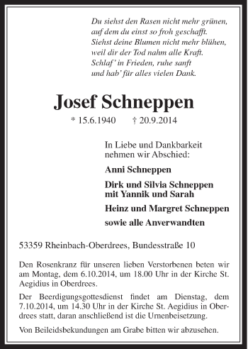 Anzeige von Josef Schneppen von  Schaufenster/Blickpunkt 