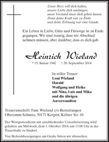 Anzeige von Heinrich Wieland von  Sonntags-Post 
