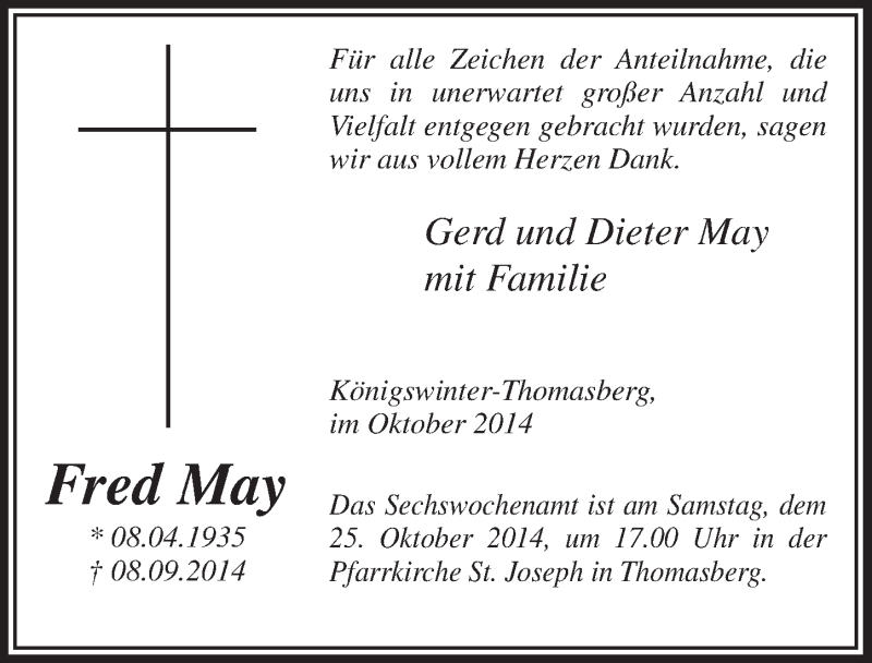  Traueranzeige für Fred May vom 15.10.2014 aus  Extra Blatt 