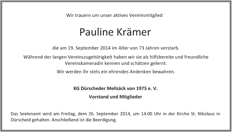  Traueranzeige für Pauline Krämer vom 24.09.2014 aus  Bergisches Handelsblatt 