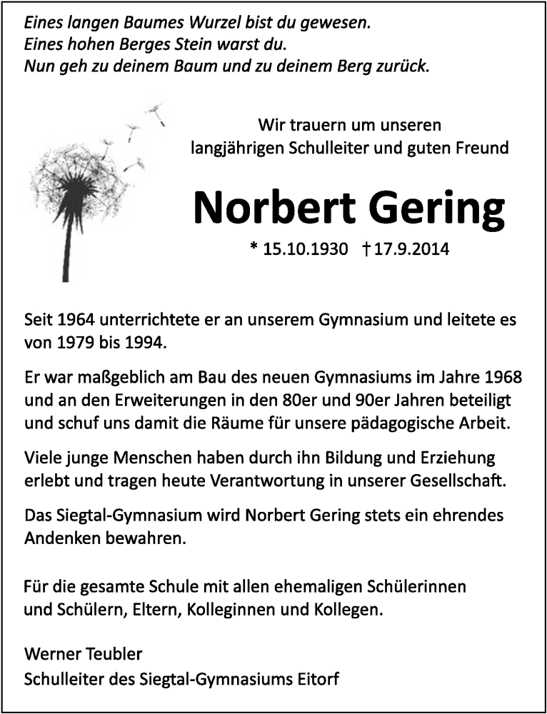  Traueranzeige für Norbert Gering vom 01.10.2014 aus  Extra Blatt 