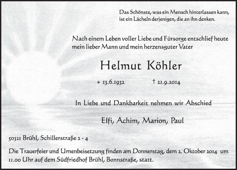  Traueranzeige für Helmut Köhler vom 01.10.2014 aus  Schlossbote/Werbekurier 