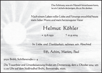 Anzeige von Helmut Köhler von  Schlossbote/Werbekurier 
