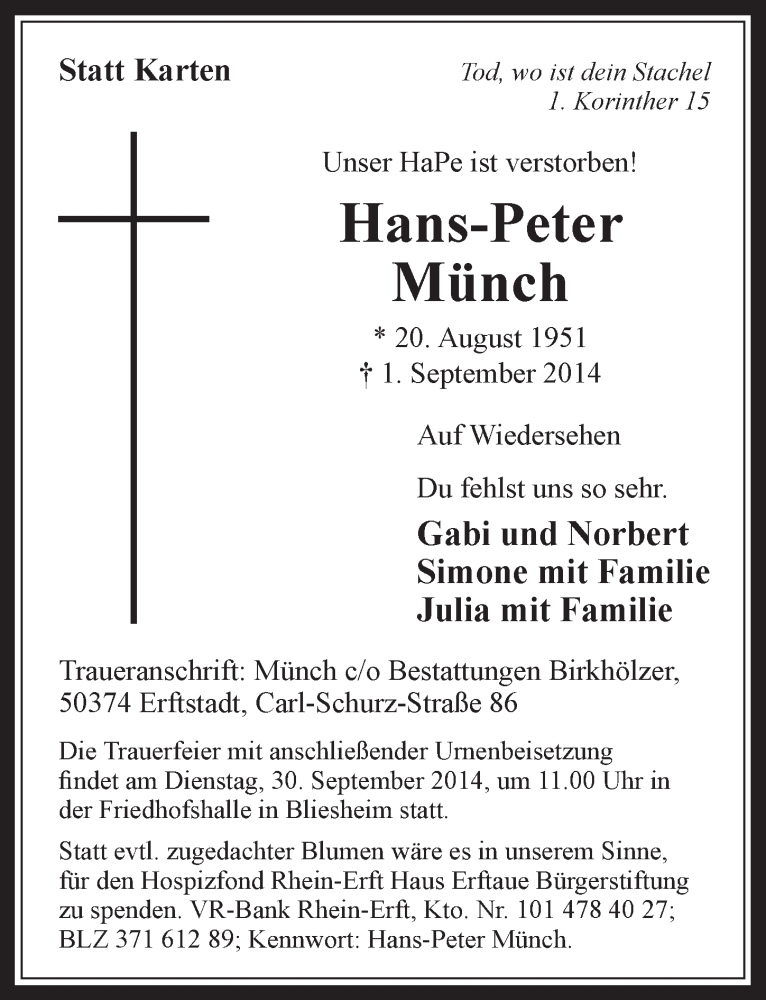  Traueranzeige für Hans-Peter Münch vom 27.09.2014 aus  Sonntags-Post 