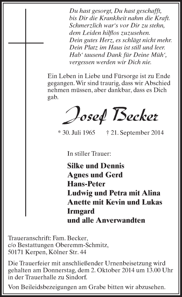  Traueranzeige für Josef Becker vom 27.09.2014 aus  Sonntags-Post 