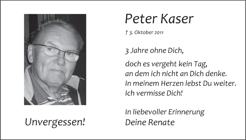  Traueranzeige für Peter Kaser vom 01.10.2014 aus  Bergisches Handelsblatt 