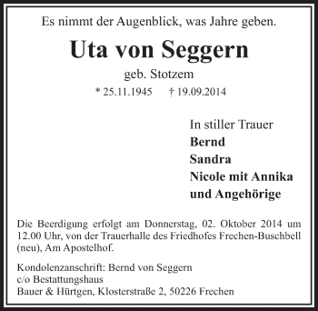 Anzeige von Uta von Seggern von  Sonntags-Post 