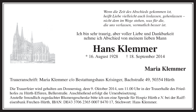  Traueranzeige für Hans Klemmer vom 01.10.2014 aus  Wochenende 