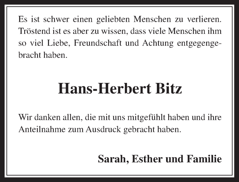  Traueranzeige für Hans-Herbert Bitz vom 01.10.2014 aus  Wochenende 