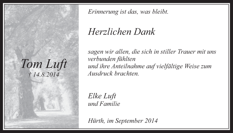  Traueranzeige für Tom Luft vom 01.10.2014 aus  Wochenende 