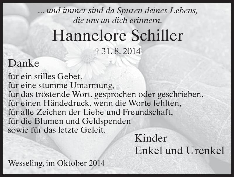  Traueranzeige für Hannelore Schiller vom 01.10.2014 aus  Schlossbote/Werbekurier 