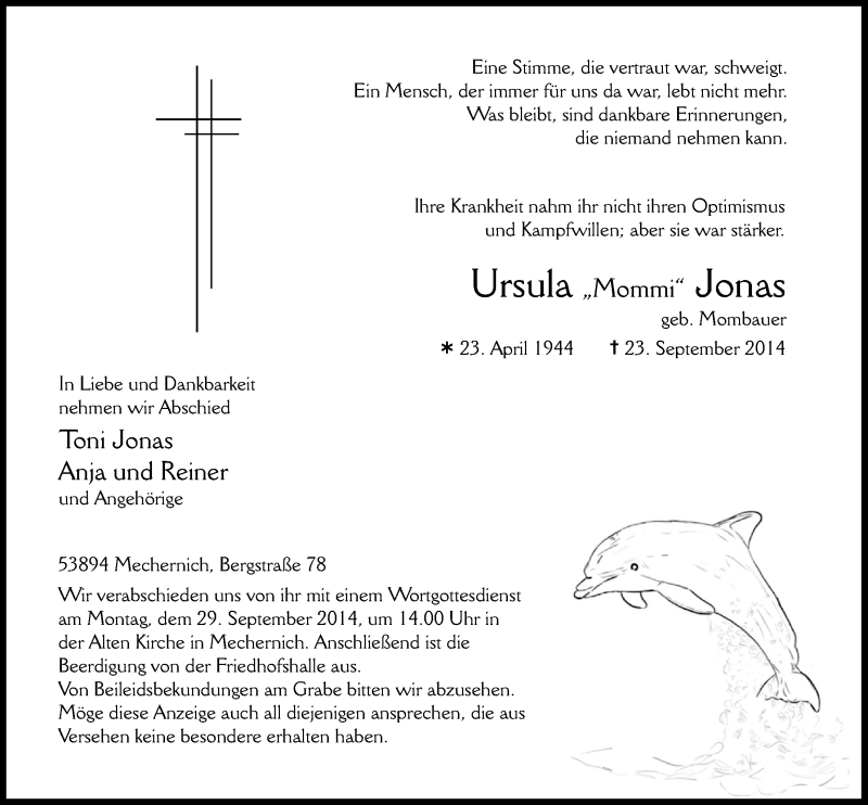  Traueranzeige für Ursula Jonas vom 28.09.2014 aus  Blickpunkt Euskirchen 