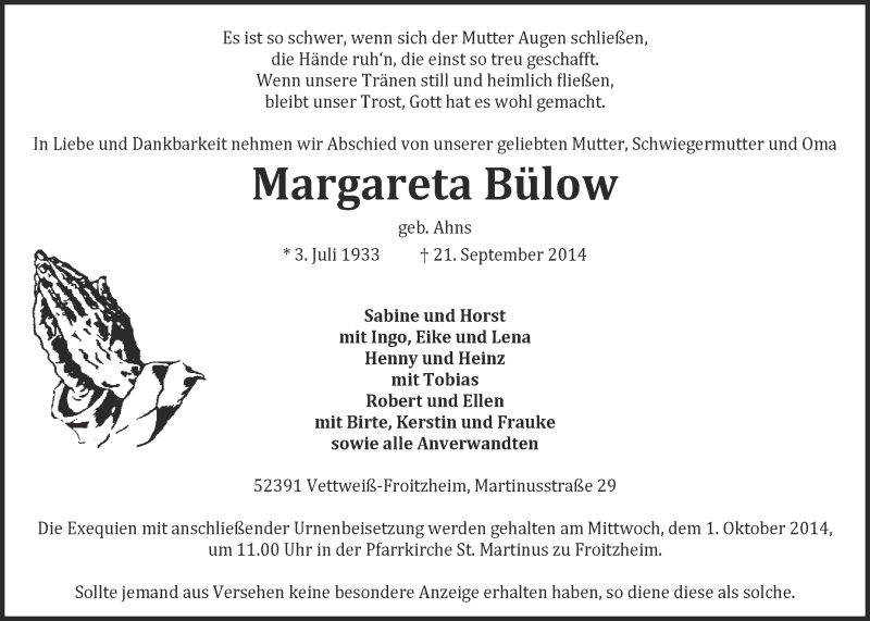  Traueranzeige für Margareta Bülow vom 28.09.2014 aus  Blickpunkt Euskirchen 