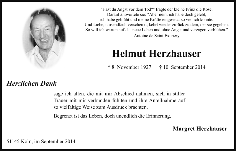  Traueranzeige für Helmut Herzhauser vom 01.10.2014 aus  Kölner Wochenspiegel 