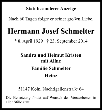 Anzeige von Hermann Josef Schmelter von  Kölner Wochenspiegel 