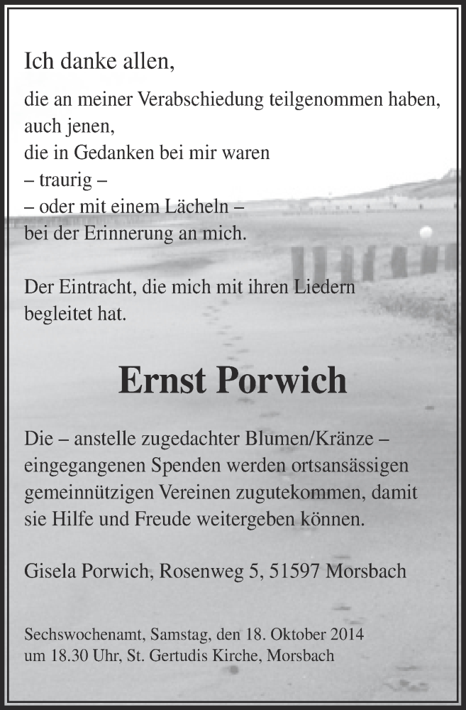  Traueranzeige für Ernst Porwich vom 01.10.2014 aus  Lokalanzeiger 