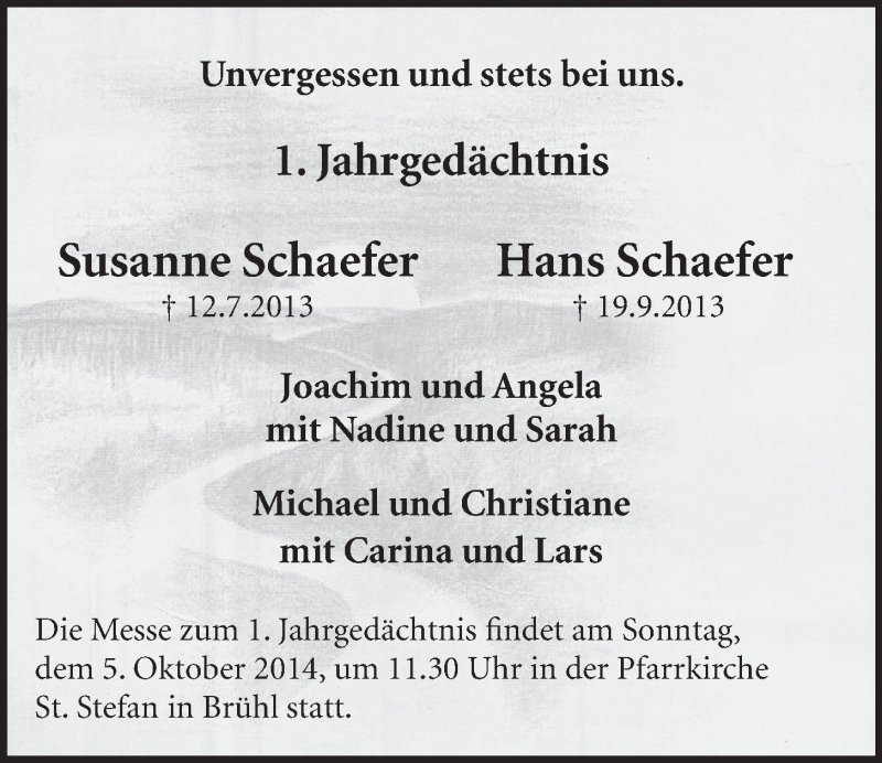  Traueranzeige für Susanne und Hans Schaefer vom 01.10.2014 aus  Schlossbote/Werbekurier 