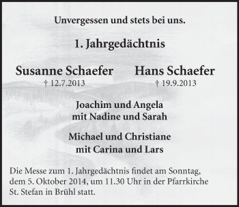 Anzeige von Susanne und Hans Schaefer von  Schlossbote/Werbekurier 